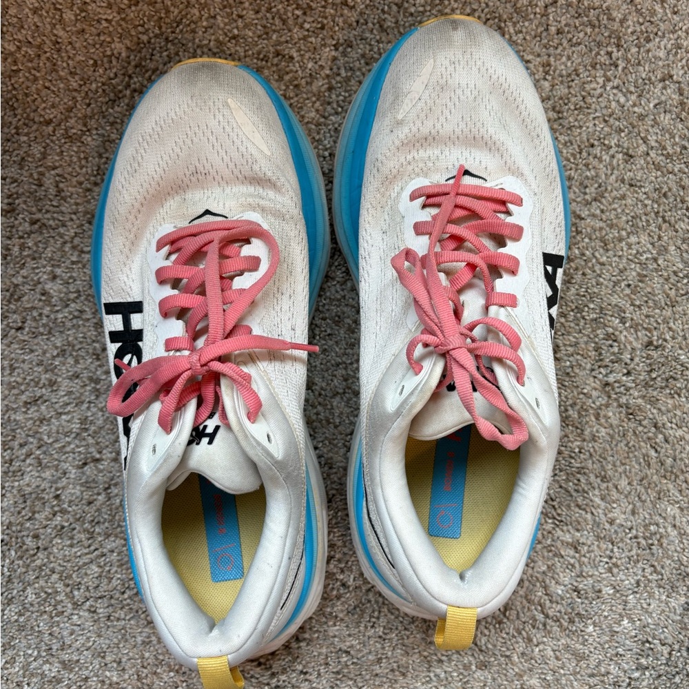 Hoka White Bondi 8 Sneaker with Blue Gradient Midsole and Pink Laces - Picture 2 of 4